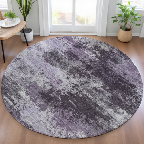 8' Purple And Ivory Round Abstract Washable Indoor Outdoor Area Rug - Purple, Ivory