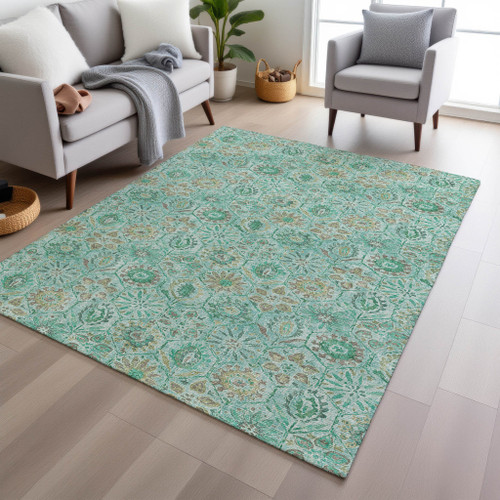 10' X 14' Aqua And Beige Floral Washable Indoor Outdoor Area Rug