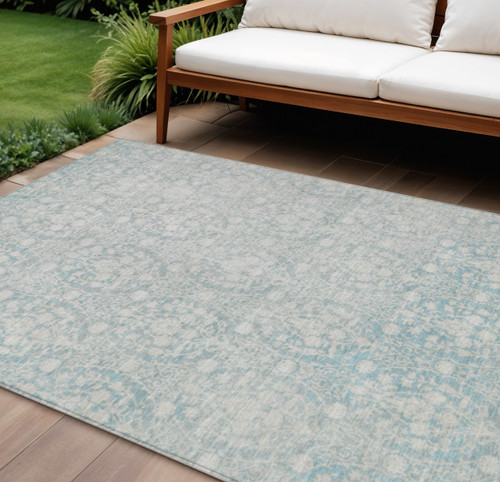 10' X 14' Aqua Damask Washable Indoor Outdoor Area Rug
