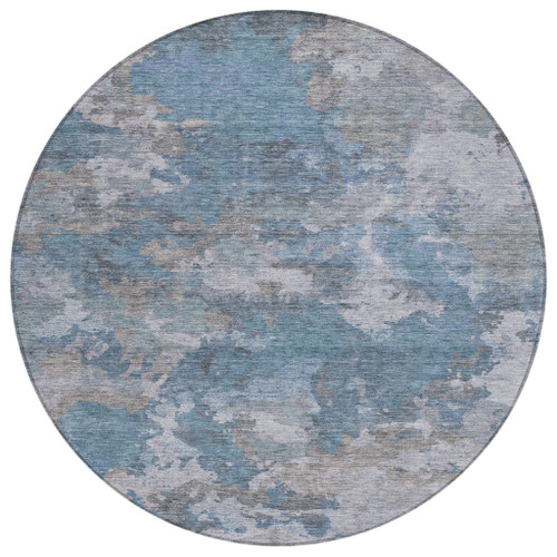 8' Denim Blue And Gray Round Abstract Washable Indoor Outdoor Area Rug - Denim Blue, Gray
