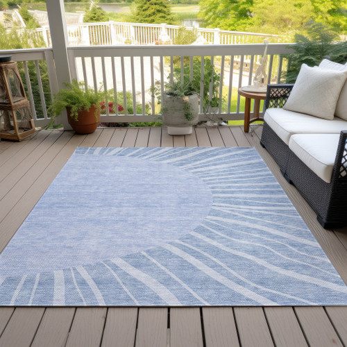 10' X 14' Denim Blue And Sky Blue Abstract Washable Indoor Outdoor Area Rug