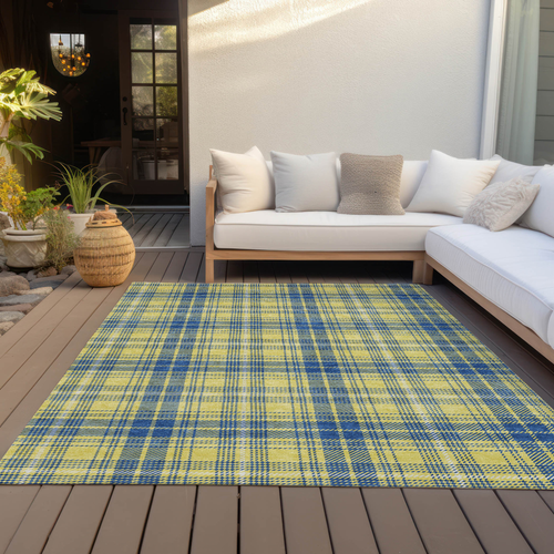 8' X 10' Yellow Blue And Ivory Plaid Washable Indoor Outdoor Area Rug