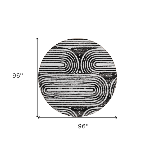 8' Black And White Round Abstract Washable Indoor Outdoor Area Rug