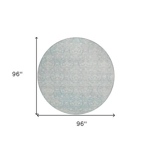 8' Aqua Round Damask Washable Indoor Outdoor Area Rug