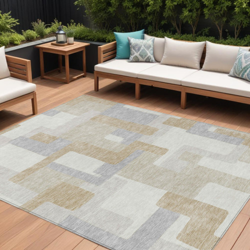 8' X 10' Ivory Beige And Gray Geometric Washable Indoor Outdoor Area Rug
