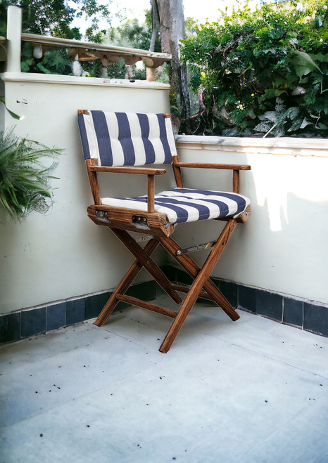 23" Blue and White and Natural Wood Solid Wood Indoor Outdoor Director Chair with Blue and White Cushion