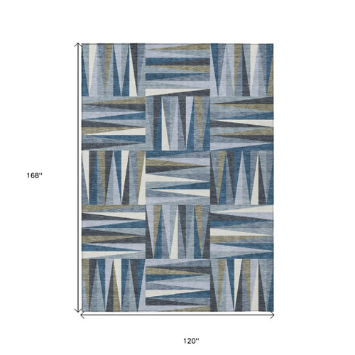 10' X 14' Denim Blue Gray And Ivory Geometric Washable Indoor Outdoor Area Rug