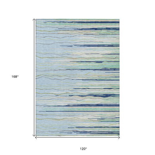 10' X 14' Sky Blue Aqua And Gray Striped Washable Indoor Outdoor Area Rug