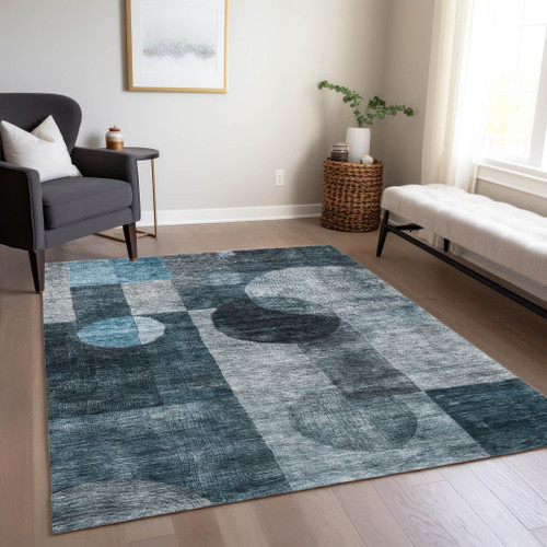 9' X 12' Teal Blue Gray And Charcoal Geometric Washable Indoor Outdoor Area Rug