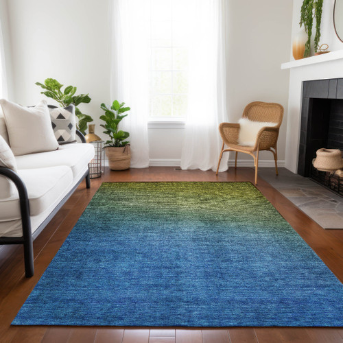 9' X 12' Olive Green Blue And Navy Blue Ombre Washable Indoor Outdoor Area Rug