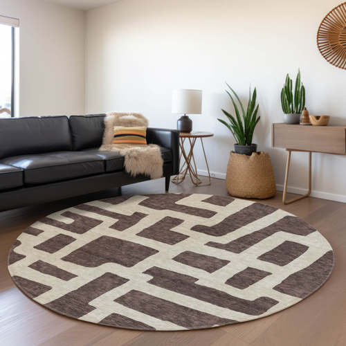 8' Brown And Beige Round Abstract Washable Indoor Outdoor Area Rug