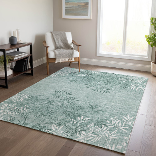 9' X 12' Sage Fern Green And Ivory Floral Washable Indoor Outdoor Area Rug