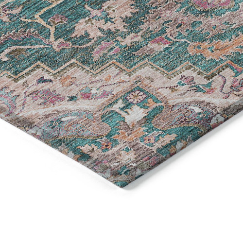 8' X 10' Emerald Teal Blue And Beige Oriental Washable Indoor Outdoor Area Rug