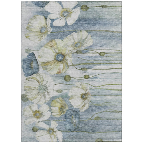 10' X 14' Denim Blue And Sky Blue Floral Washable Indoor Outdoor Area Rug