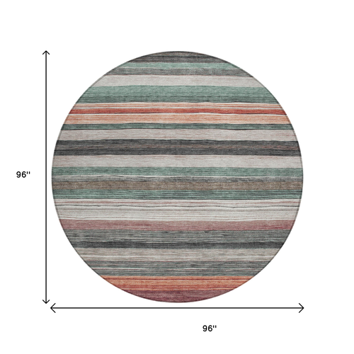 8' Pale Aqua Copper And Taupe Round Striped Washable Indoor Outdoor Area Rug