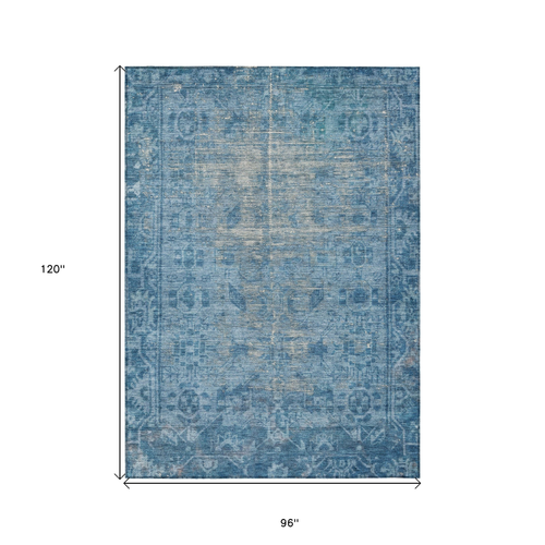8' X 10' Blue Oriental Washable Indoor Outdoor Area Rug