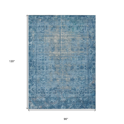 8' X 10' Blue Oriental Washable Indoor Outdoor Area Rug