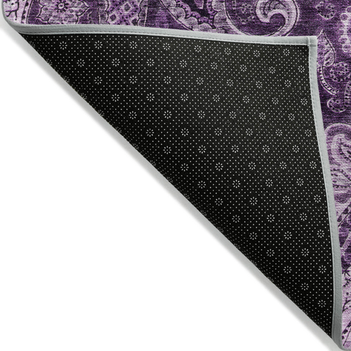 8' Purple And Charcoal Round Floral Medallion Washable Indoor Outdoor Area Rug