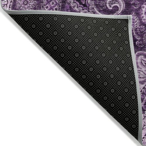8' Purple And Charcoal Round Floral Medallion Washable Indoor Outdoor Area Rug