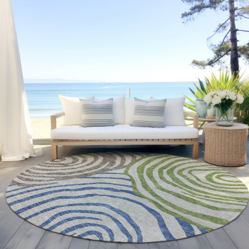 8' Beige Taupe And Green Round Abstract Washable Indoor Outdoor Area Rug