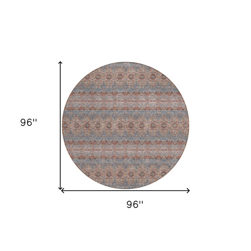 8' Orange Copper And Gray Round Floral Medallion Washable Indoor Outdoor Area Rug