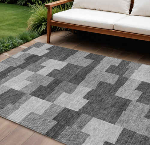 9' X 12' Gray Silver And Charcoal Geometric Washable Indoor Outdoor Area Rug
