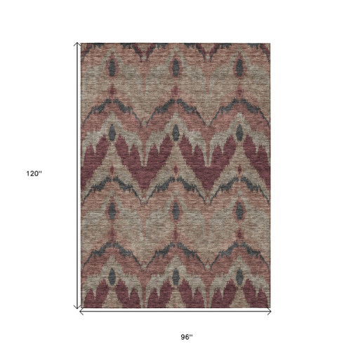 8' X 10' Burgundy Beige And Charcoal Ikat Washable Indoor Outdoor Area Rug
