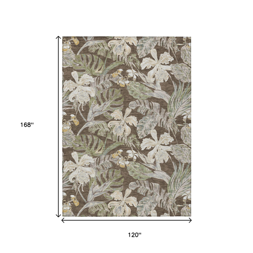 10' X 14' Brown Beige And Olive Green Botanical Leaves Washable Indoor Outdoor Area Rug