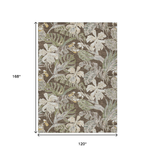 10' X 14' Brown Beige And Olive Green Botanical Leaves Washable Indoor Outdoor Area Rug