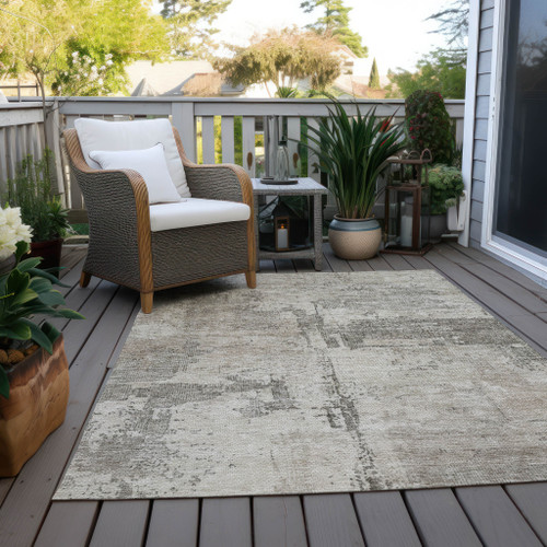 9' X 12' Linen And Gray Abstract Washable Indoor Outdoor Area Rug