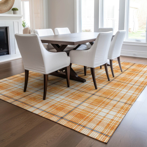8' X 10' Orange Blue And Ivory Plaid Washable Indoor Outdoor Area Rug