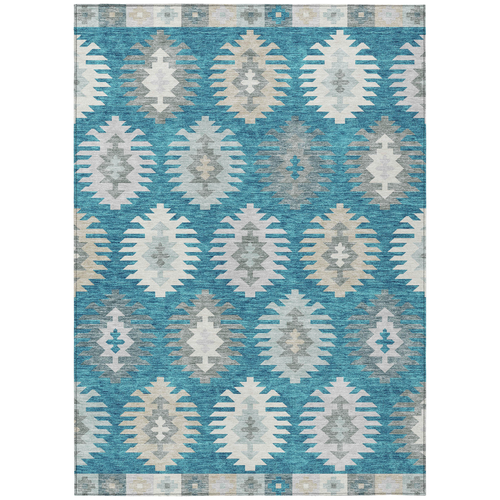 8' X 10' Teal Blue Ivory And Gray Southwestern Washable Indoor Outdoor Area Rug