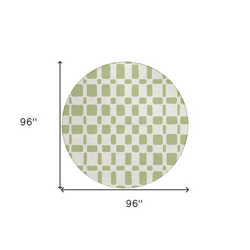 8' Artichoke Green And Ivory Round Geometric Washable Indoor Outdoor Area Rug