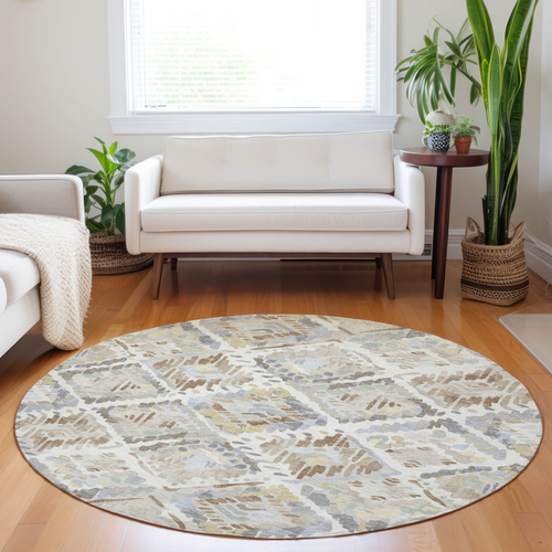8' Ivory And Cream Round Geometric Washable Indoor Outdoor Area Rug