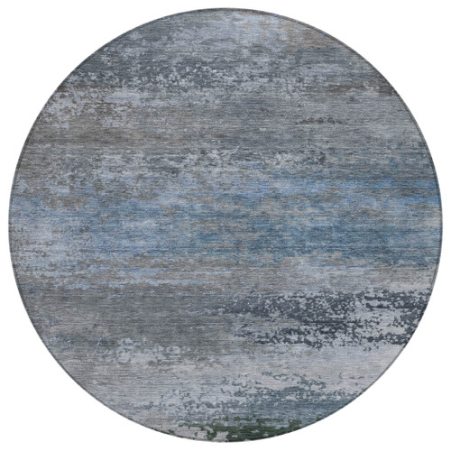 8' Pewter Navy Blue And Charcoal Round Abstract Washable Indoor Outdoor Area Rug
