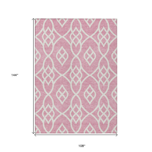 9' X 12' Pink And Ivory Trellis Washable Indoor Outdoor Area Rug