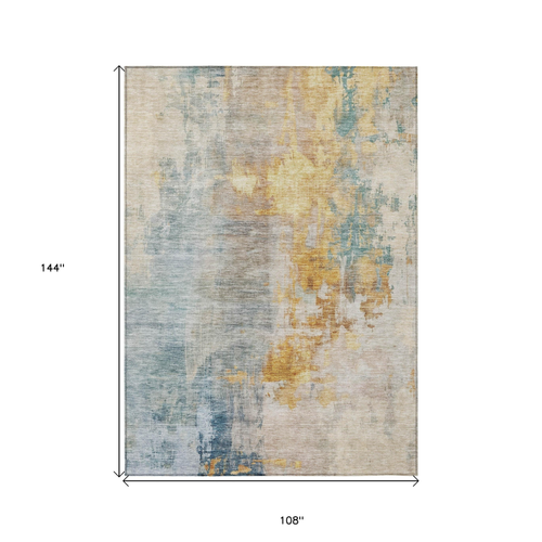 9' X 12' Linen Teal Blue And Copper Abstract Washable Indoor Outdoor Area Rug