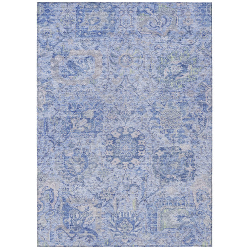 9' X 12' Sky Blue Ivory And Gray Damask Washable Indoor Outdoor Area Rug