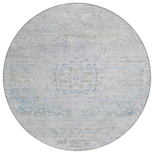 8' Beige And Blue Round Medallion Washable Indoor Outdoor Area Rug