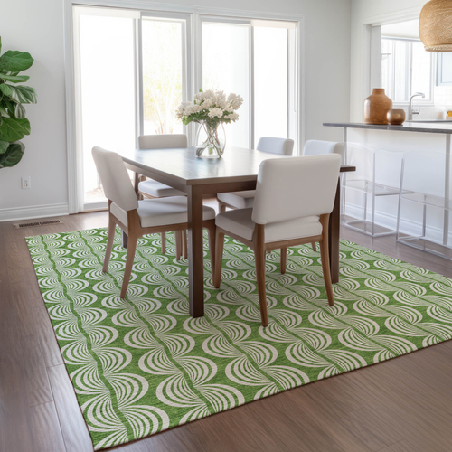 10' X 14' Green And Ivory Ogee Washable Indoor Outdoor Area Rug