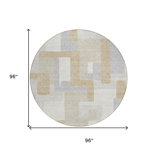 8' Ivory Beige And Gray Round Geometric Washable Indoor Outdoor Area Rug