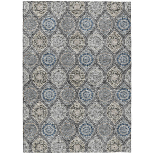 10' X 14' Gray Ivory And Navy Blue Floral Medallion Washable Indoor Outdoor Area Rug