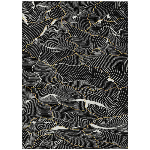 9' X 12' Black Ivory And Gold Abstract Washable Indoor Outdoor Area Rug