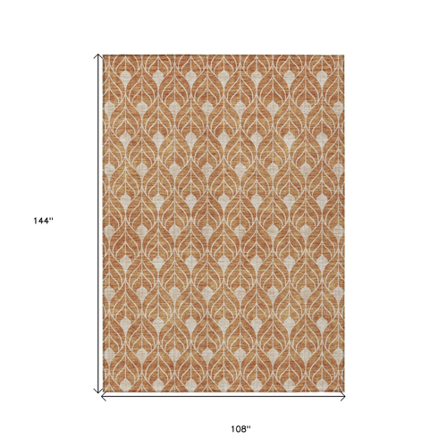 9' X 12' Copper And Beige Geometric Washable Indoor Outdoor Area Rug