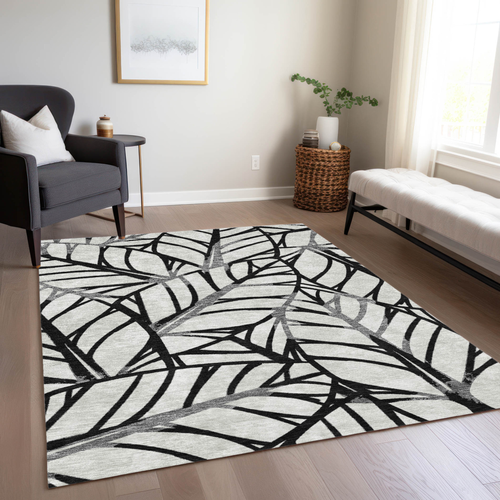 9' X 12' Black Gray And Beige Floral Washable Indoor Outdoor Area Rug