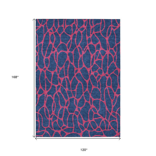 10' X 14' Navy Blue And Dark Pink Geometric Washable Indoor Outdoor Area Rug