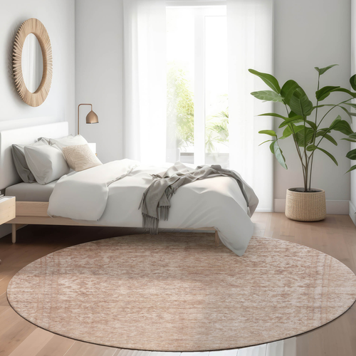 8' Copper And Beige Round Abstract Washable Indoor Outdoor Area Rug