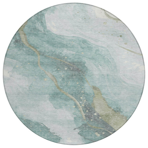 8' Teal Blue And Aqua Round Abstract Washable Indoor Outdoor Area Rug Transitional Style - Teal Blue, Aqua Color