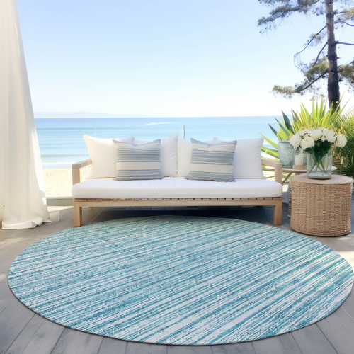 8' Teal Blue And Ivory Round Striped Washable Indoor Outdoor Area Rug