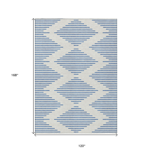 10' X 14' Ivory And Blue Geometric Washable Indoor Outdoor Area Rug